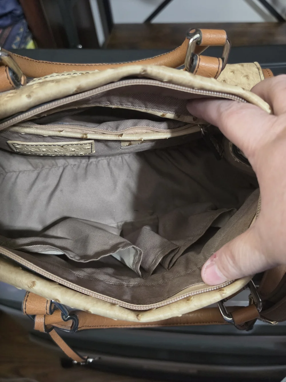 LONDON FOG Faux-Ostrich Satchel Handbag- Beige